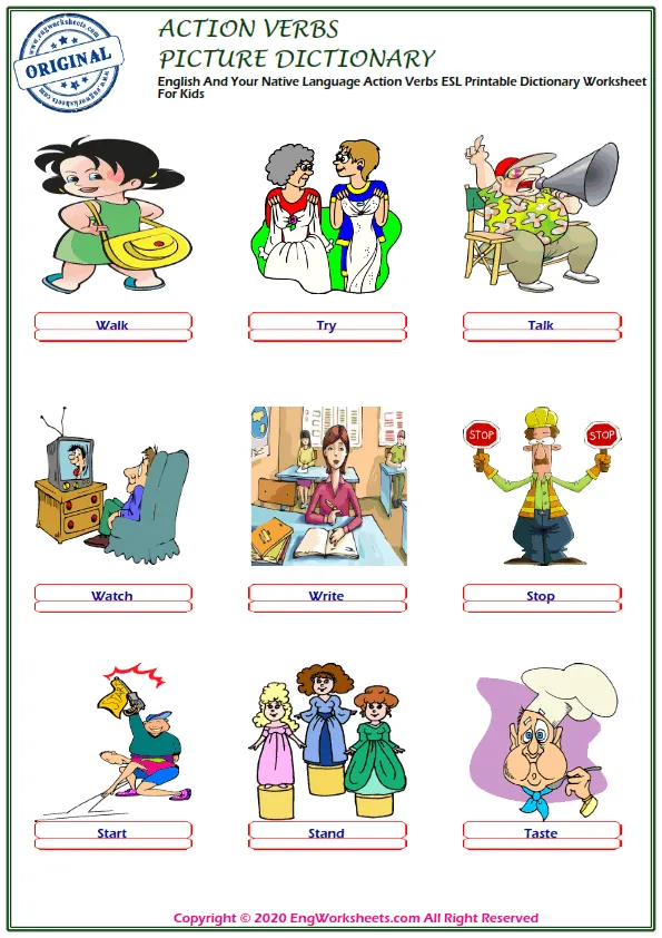 English And Your Native Language Action Verbs ESL Printable Dictionary Worksheet For Kids Worksheet Preview