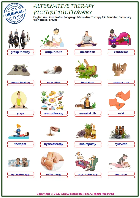 English And Your Native Language Alternative Therapy ESL Printable Dictionary Worksheet For Kids Worksheet Preview