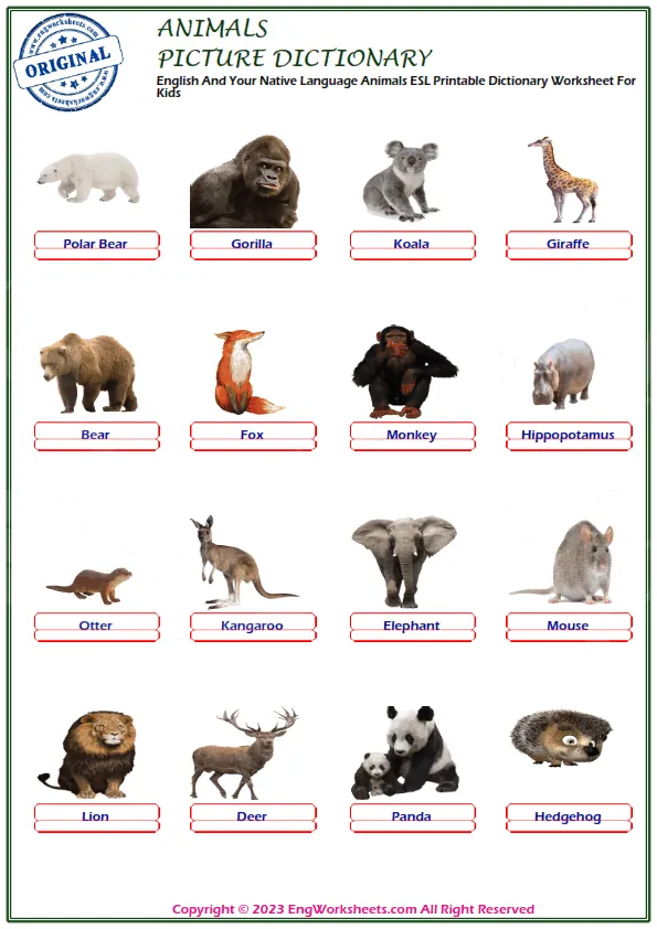 English And Your Native Language Animals ESL Printable Dictionary Worksheet For Kids Worksheet Preview