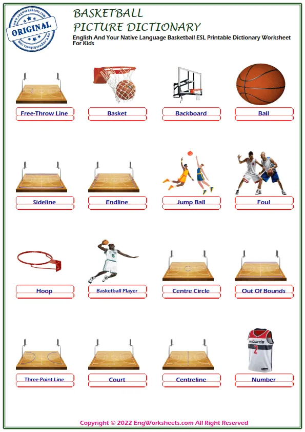 English And Your Native Language Basketball ESL Printable Dictionary Worksheet For Kids