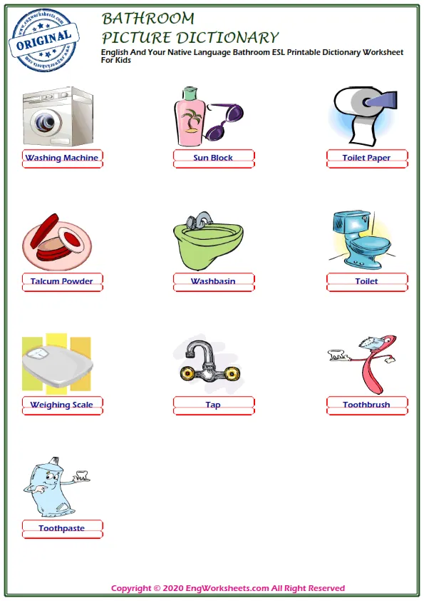 English And Your Native Language Bathroom ESL Printable Dictionary Worksheet For Kids Worksheet Preview