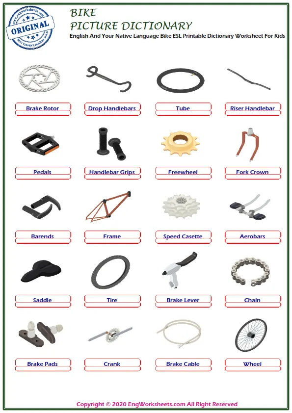 English And Your Native Language Bike ESL Printable Dictionary Worksheet For Kids Worksheet Preview