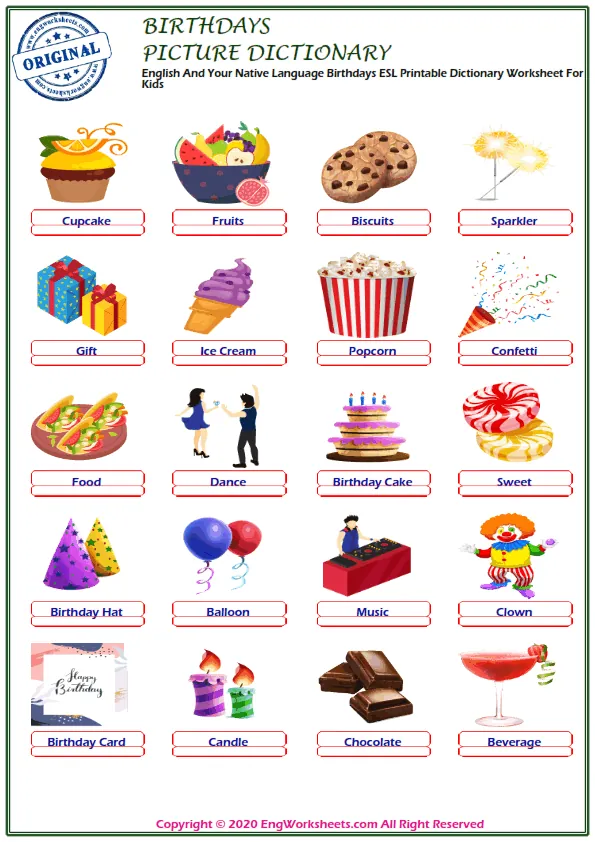 English And Your Native Language Birthdays ESL Printable Dictionary Worksheet For Kids Worksheet Preview