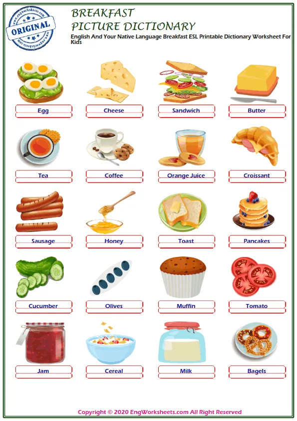 English And Your Native Language Breakfast ESL Printable Dictionary Worksheet For Kids Worksheet Preview