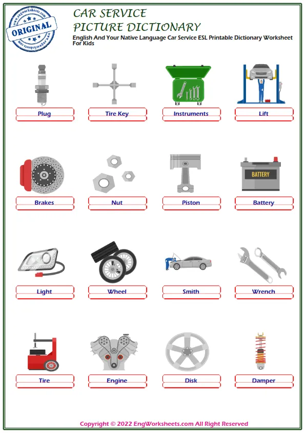 English And Your Native Language Car Service ESL Printable Dictionary Worksheet For Kids