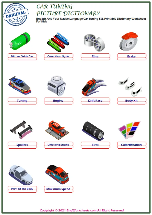 English And Your Native Language Car Tuning ESL Printable Dictionary Worksheet For Kids