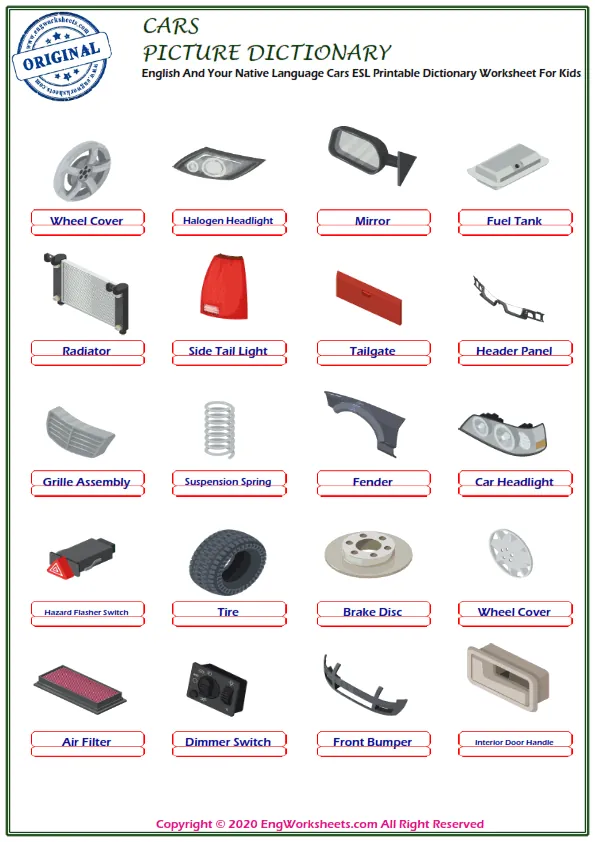 English And Your Native Language Cars ESL Printable Dictionary Worksheet For Kids Worksheet Preview