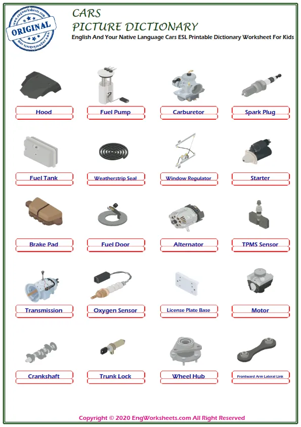 English And Your Native Language Cars ESL Printable Dictionary Worksheet For Kids Worksheet Preview