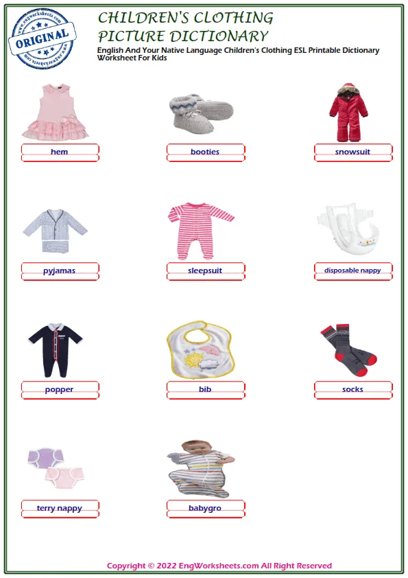 English And Your Native Language Children's Clothing ESL Printable Dictionary Worksheet For Kids