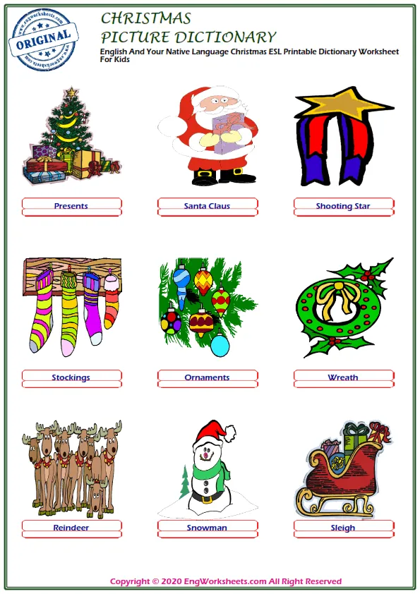 English And Your Native Language Christmas ESL Printable Dictionary Worksheet For Kids Worksheet Preview