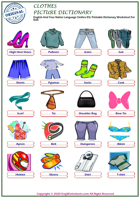 English And Your Native Language Clothes ESL Printable Dictionary Worksheet For Kids