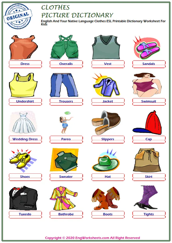 English And Your Native Language Clothes ESL Printable Dictionary Worksheet For Kids Worksheet Preview