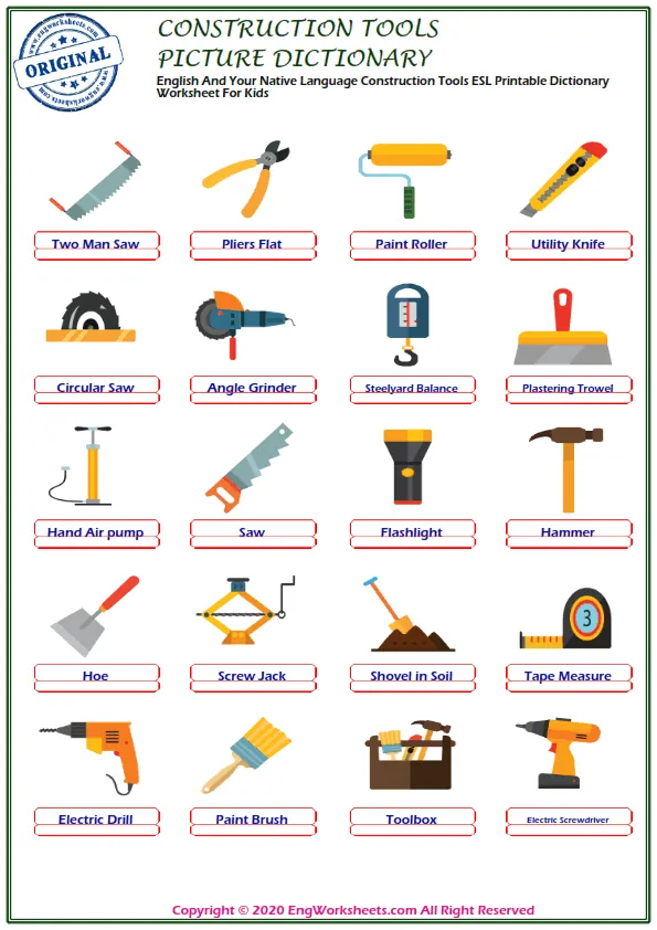 English And Your Native Language Construction Tools ESL Printable Dictionary Worksheet For Kids