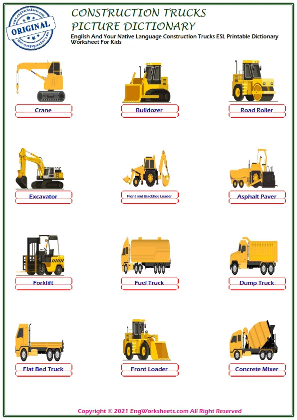 English And Your Native Language Construction Trucks ESL Printable Dictionary Worksheet For Kids Worksheet Preview