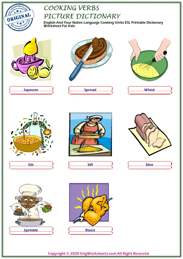 English And Your Native Language Cooking Verbs ESL Printable Dictionary Worksheet For Kids