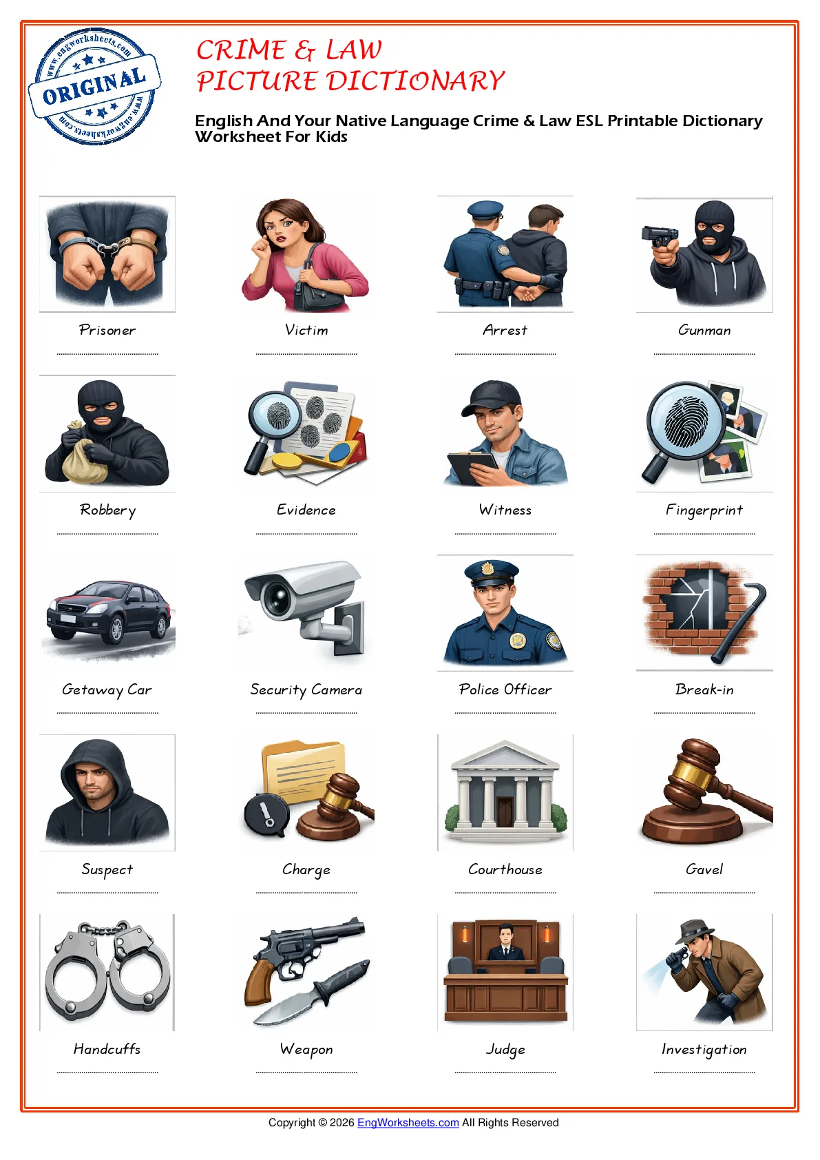 English And Your Native Language Crime & Law ESL Printable Dictionary Worksheet For Kids Worksheet Preview