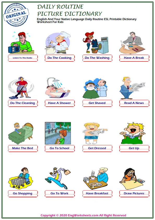 English And Your Native Language Daily Routine ESL Printable Dictionary Worksheet For Kids Worksheet Preview
