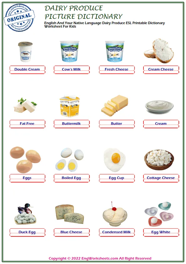 English And Your Native Language Dairy Produce ESL Printable Dictionary Worksheet For Kids Worksheet Preview