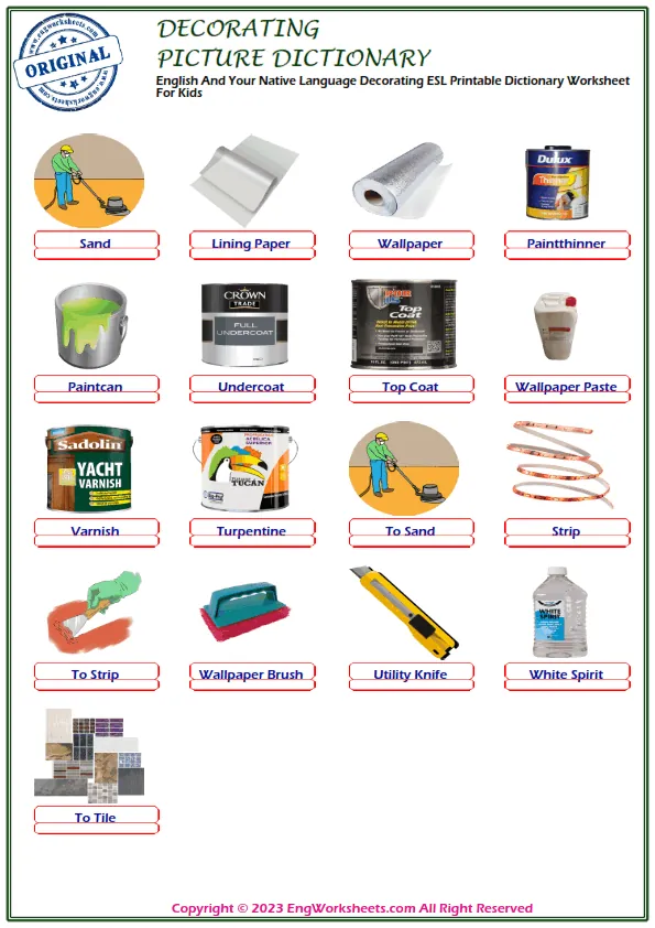 English And Your Native Language Decorating ESL Printable Dictionary Worksheet For Kids Worksheet Preview