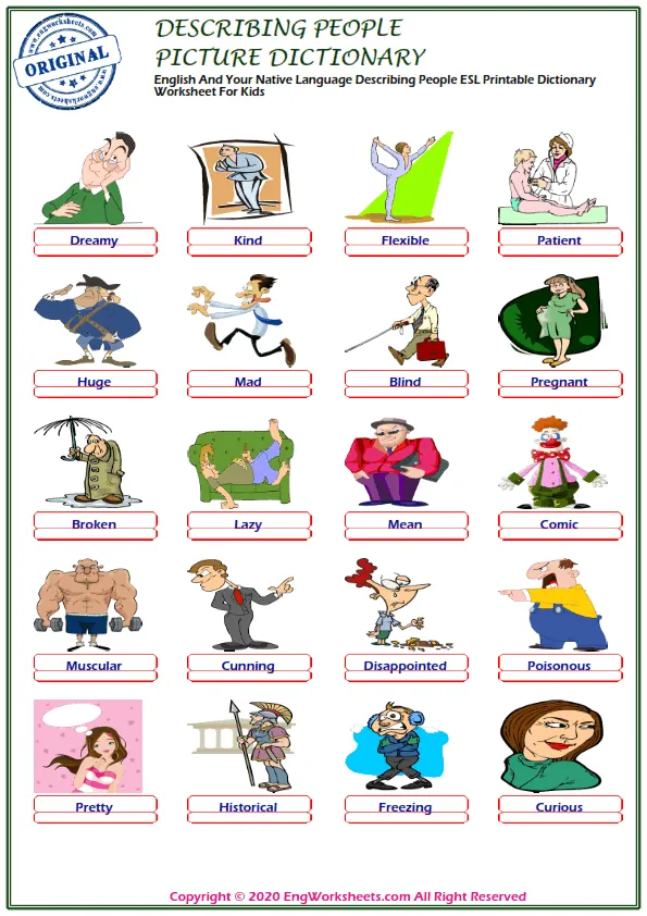 English And Your Native Language Describing People ESL Printable Dictionary Worksheet For Kids Worksheet Preview