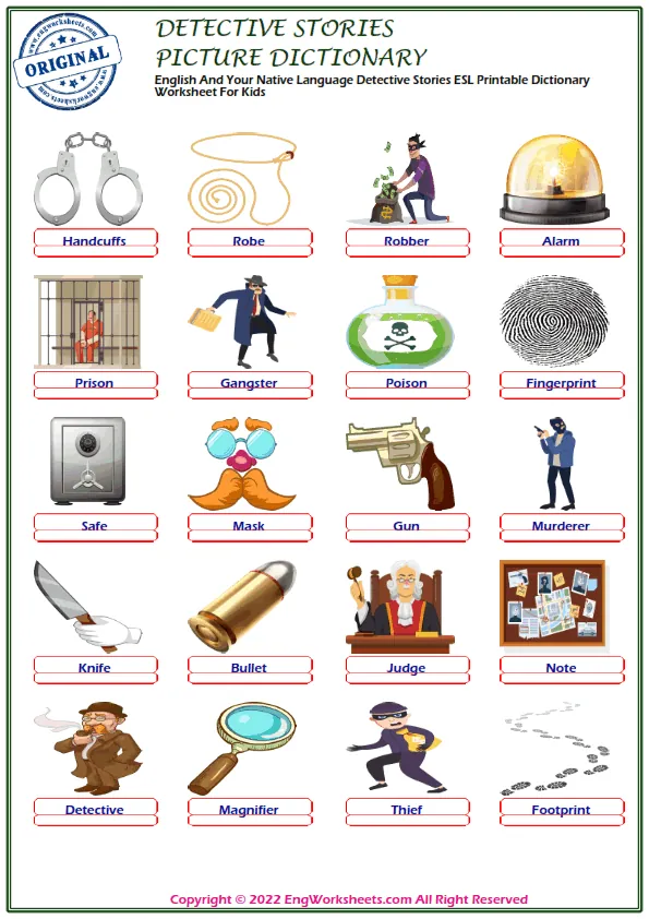 English And Your Native Language Detective Stories ESL Printable Dictionary Worksheet For Kids Worksheet Preview