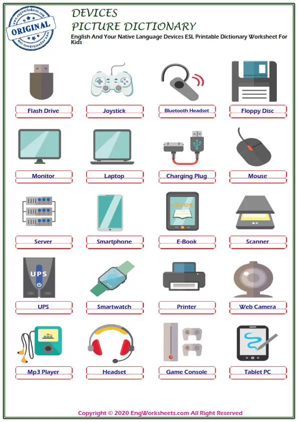 English And Your Native Language Devices ESL Printable Dictionary Worksheet For Kids