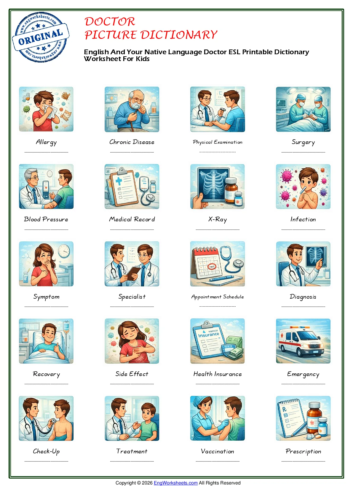 English And Your Native Language Doctor ESL Printable Dictionary Worksheet For Kids Worksheet Preview