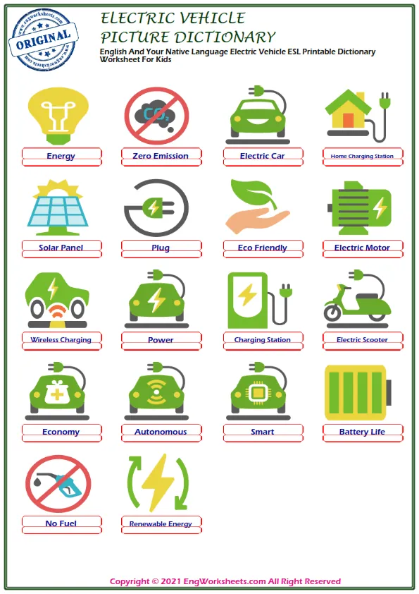 English And Your Native Language Electric Vehicle ESL Printable Dictionary Worksheet For Kids Worksheet Preview