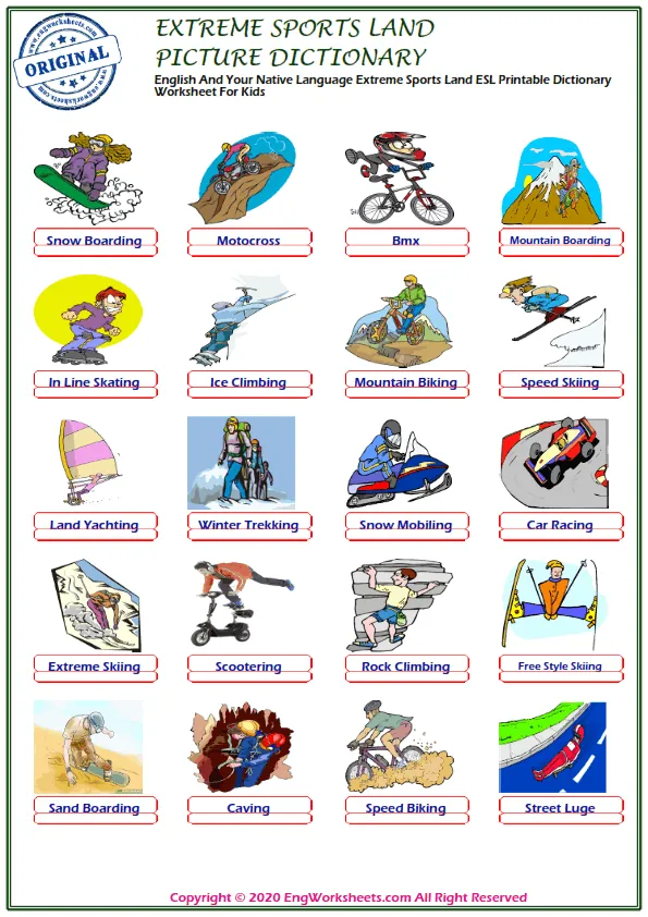 English And Your Native Language Extreme Sports Land ESL Printable Dictionary Worksheet For Kids Worksheet Preview