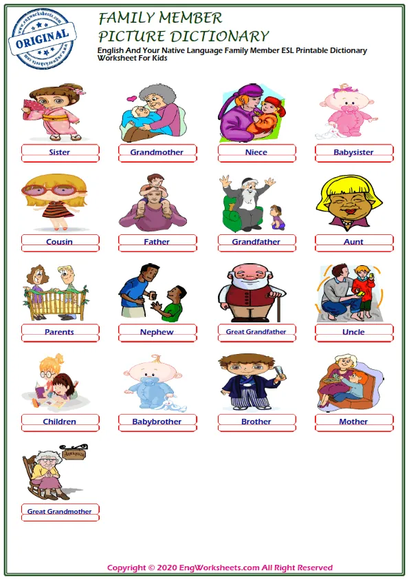 English And Your Native Language Family Member ESL Printable Dictionary Worksheet For Kids Worksheet Preview
