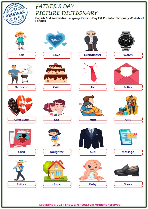 English And Your Native Language Father's Day ESL Printable Dictionary Worksheet For Kids Worksheet Preview