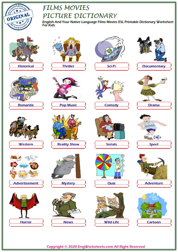 English And Your Native Language Films Movies ESL Printable Dictionary Worksheet For Kids