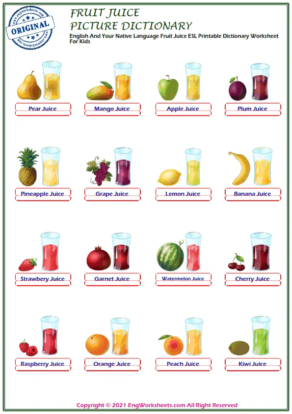 English And Your Native Language Fruit Juice ESL Printable Dictionary Worksheet For Kids Worksheet Preview