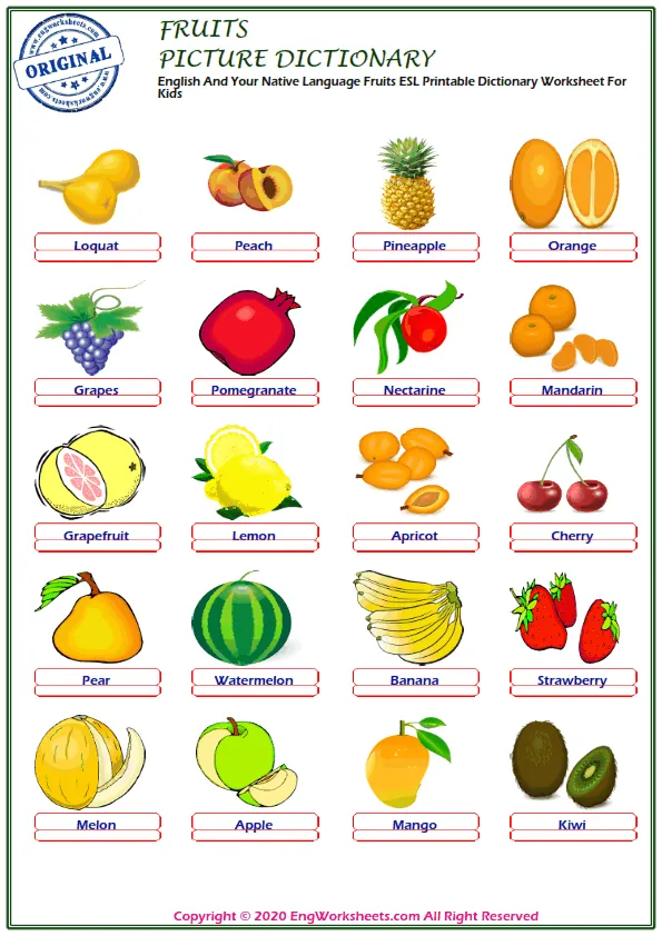 English And Your Native Language Fruits ESL Printable Dictionary Worksheet For Kids