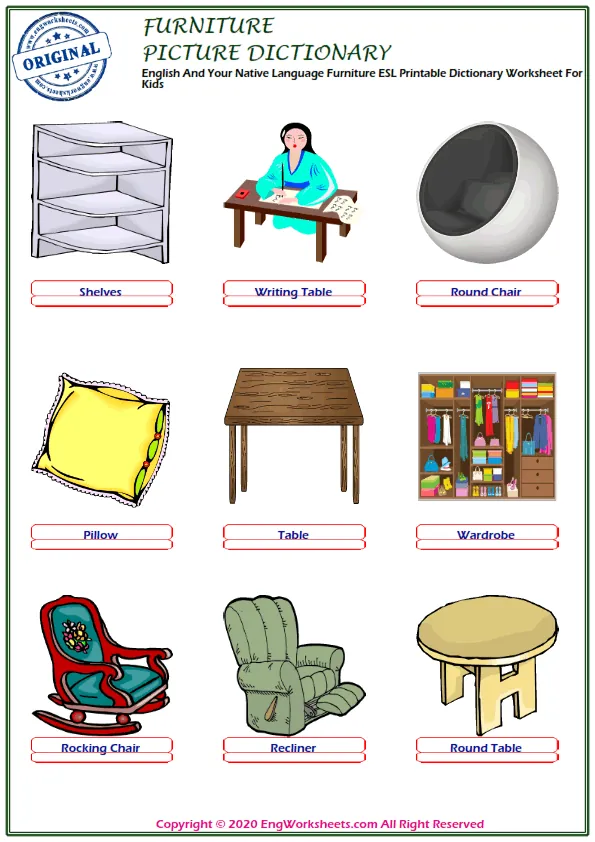 English And Your Native Language Furniture ESL Printable Dictionary Worksheet For Kids Worksheet Preview