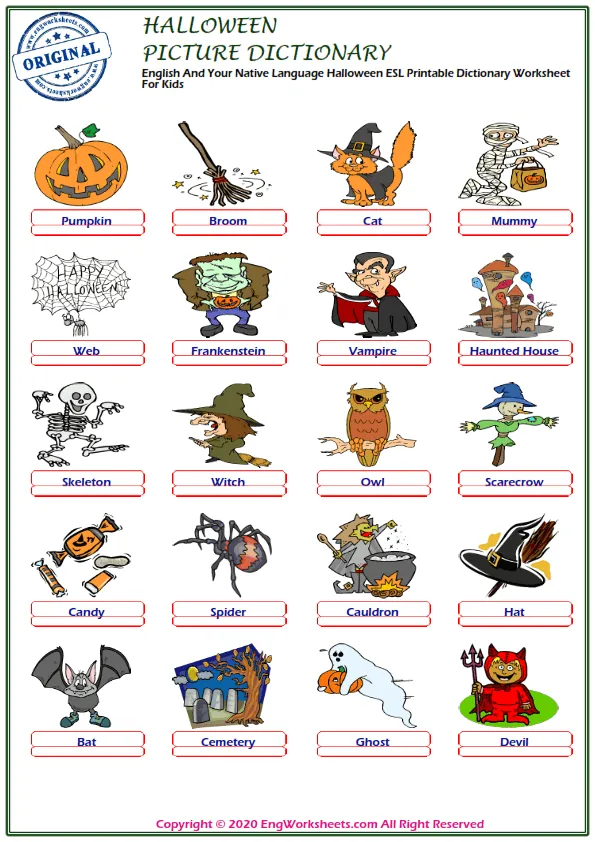 English And Your Native Language Halloween ESL Printable Dictionary Worksheet For Kids Worksheet Preview