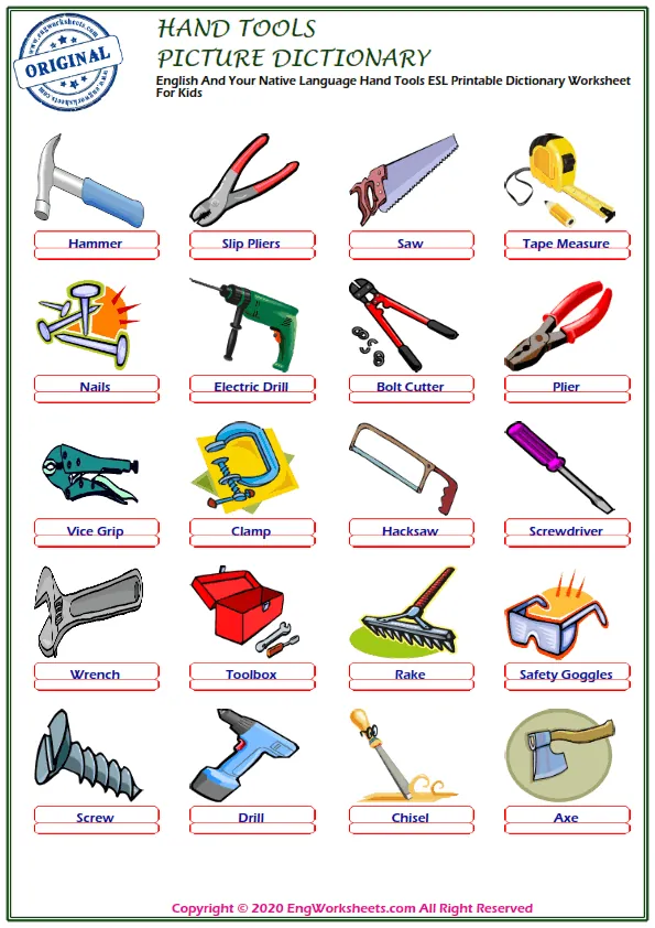 English And Your Native Language Hand Tools ESL Printable Dictionary Worksheet For Kids Worksheet Preview
