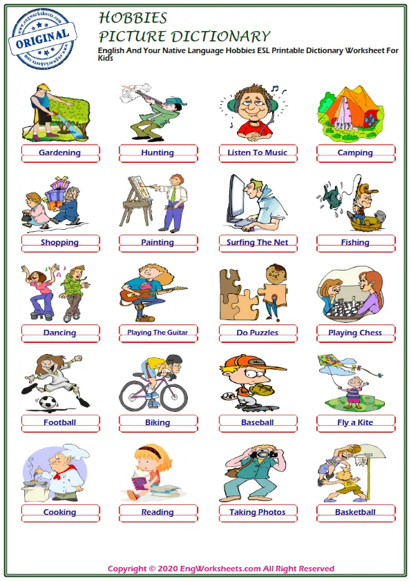 English And Your Native Language Hobbies ESL Printable Dictionary Worksheet For Kids Worksheet Preview
