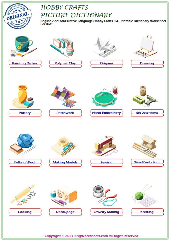 English And Your Native Language Hobby Crafts ESL Printable Dictionary Worksheet For Kids Worksheet Preview