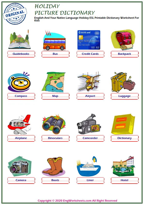 English And Your Native Language Holiday ESL Printable Dictionary Worksheet For Kids Worksheet Preview