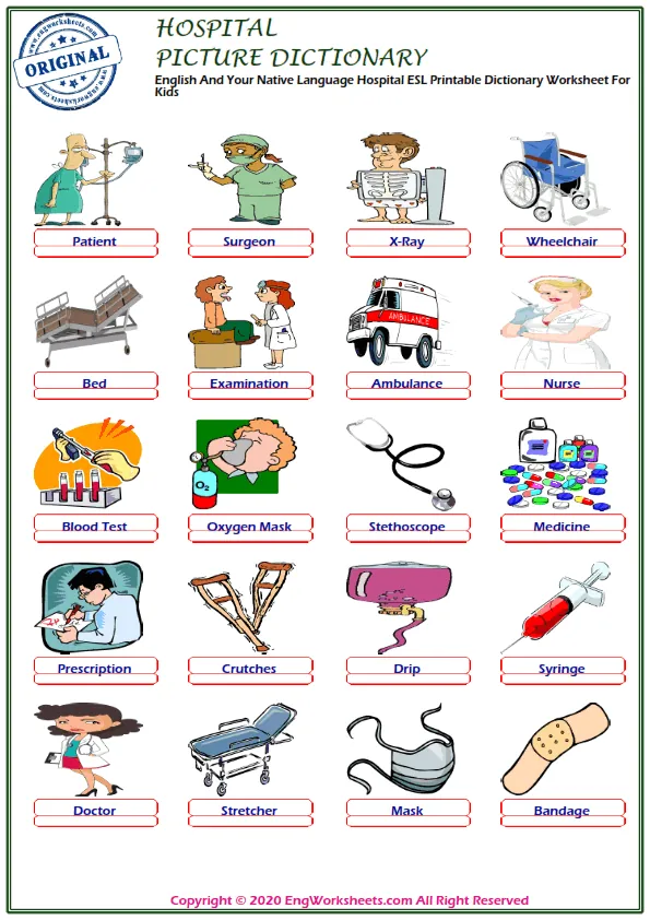 English And Your Native Language Hospital ESL Printable Dictionary Worksheet For Kids Worksheet Preview