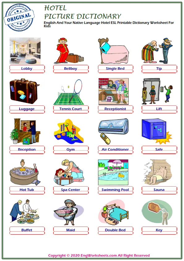 English And Your Native Language Hotel ESL Printable Dictionary Worksheet For Kids Worksheet Preview