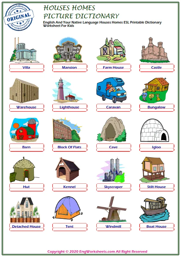 English And Your Native Language Houses Homes ESL Printable Dictionary Worksheet For Kids Worksheet Preview