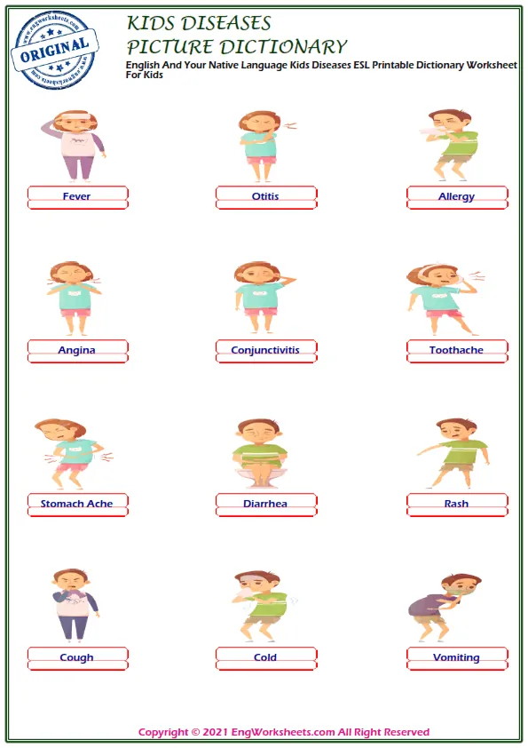 English And Your Native Language Kids Diseases ESL Printable Dictionary Worksheet For Kids