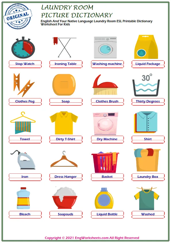 English And Your Native Language Laundry Room ESL Printable Dictionary Worksheet For Kids