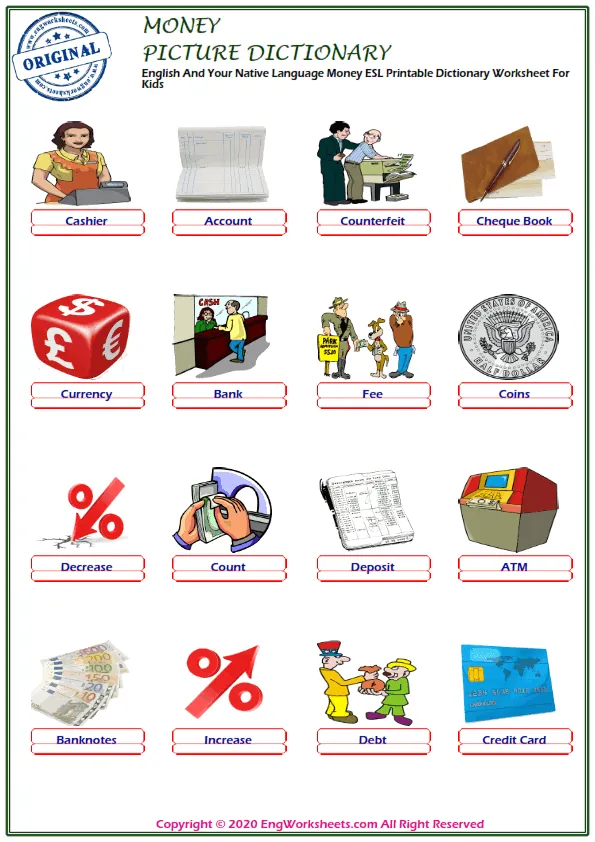 English And Your Native Language Money ESL Printable Dictionary Worksheet For Kids Worksheet Preview