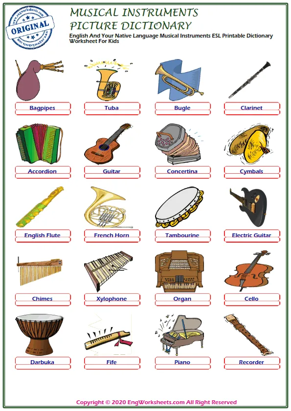 English And Your Native Language Musical Instruments ESL Printable Dictionary Worksheet For Kids Worksheet Preview