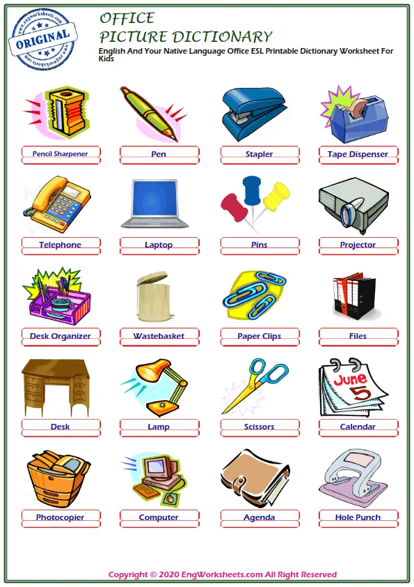 English And Your Native Language Office ESL Printable Dictionary Worksheet For Kids Worksheet Preview