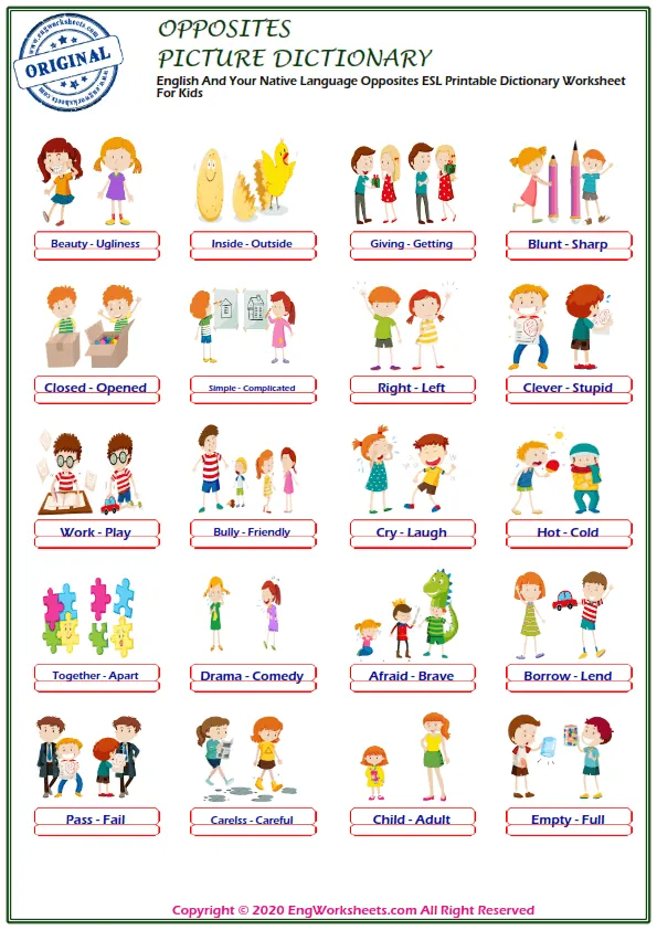 English And Your Native Language Opposites ESL Printable Dictionary Worksheet For Kids Worksheet Preview