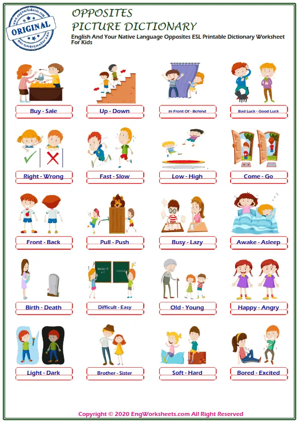 English And Your Native Language Opposites ESL Printable Dictionary Worksheet For Kids Worksheet Preview